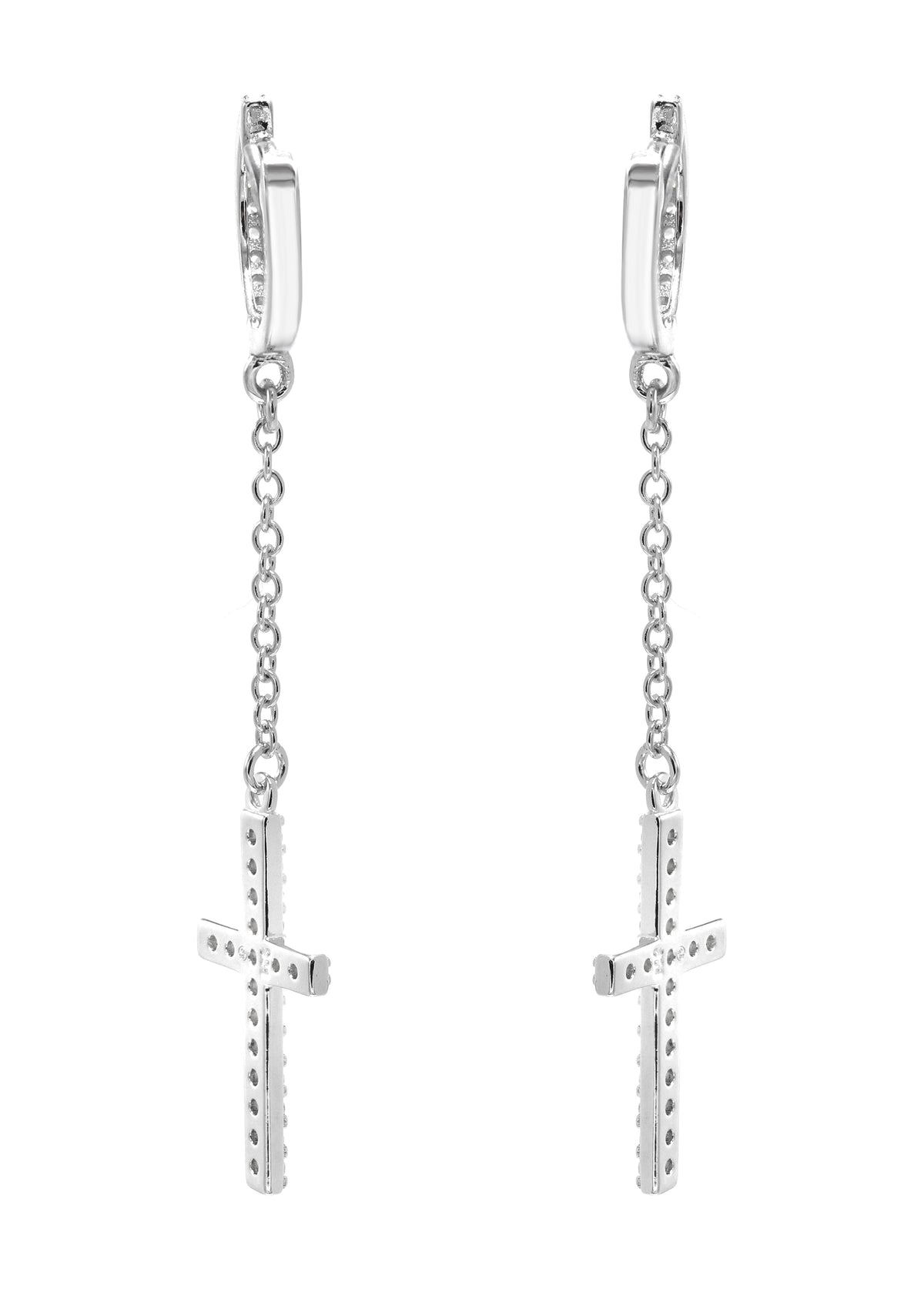 Mens Jewelry - Silver Cross Wire Dangling Iced Out VVS Hoop Earrings for Men | Appx. 2.5 Grams