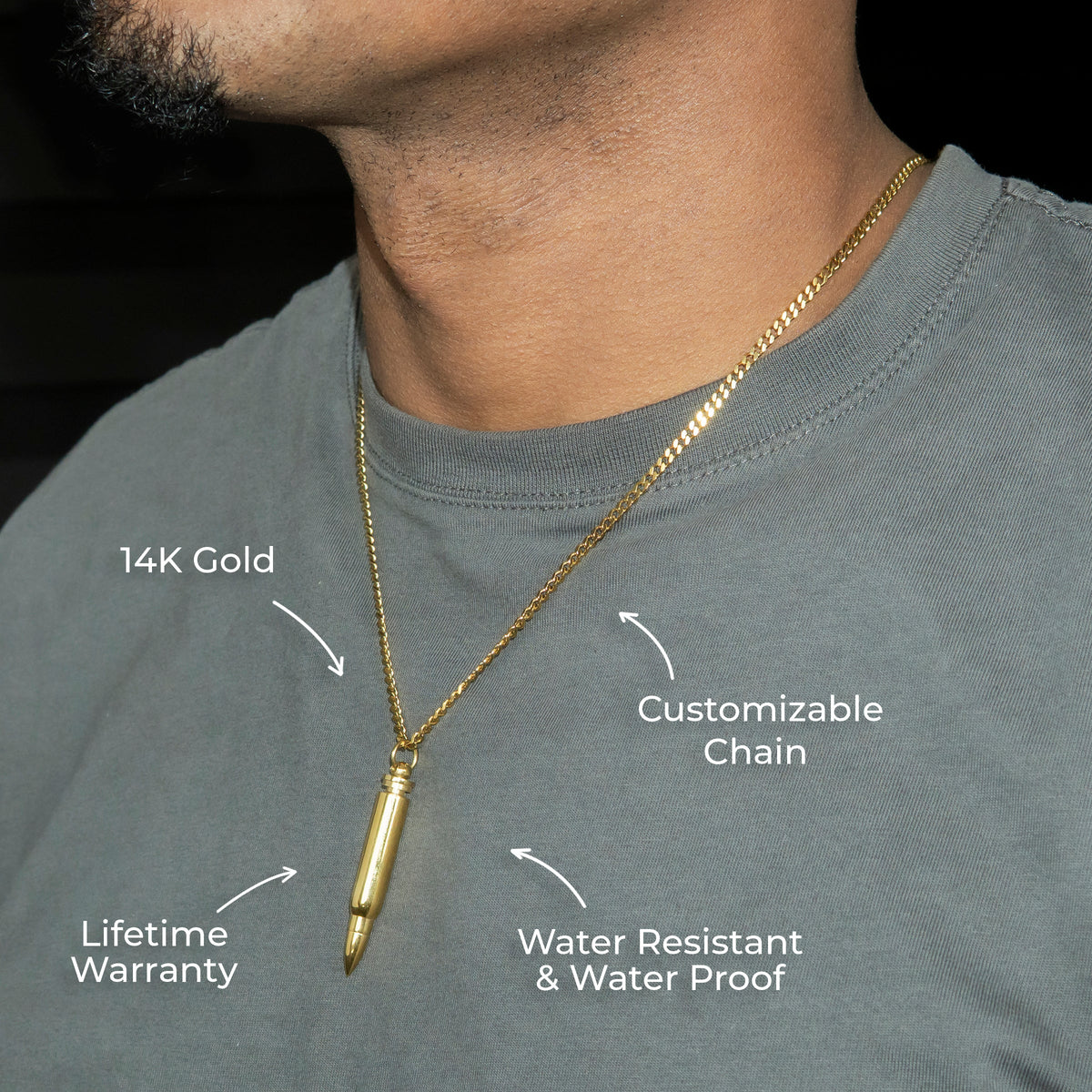 Mens Jewelry - 14K Gold Bullet Necklace | Appx. 7.6 Grams