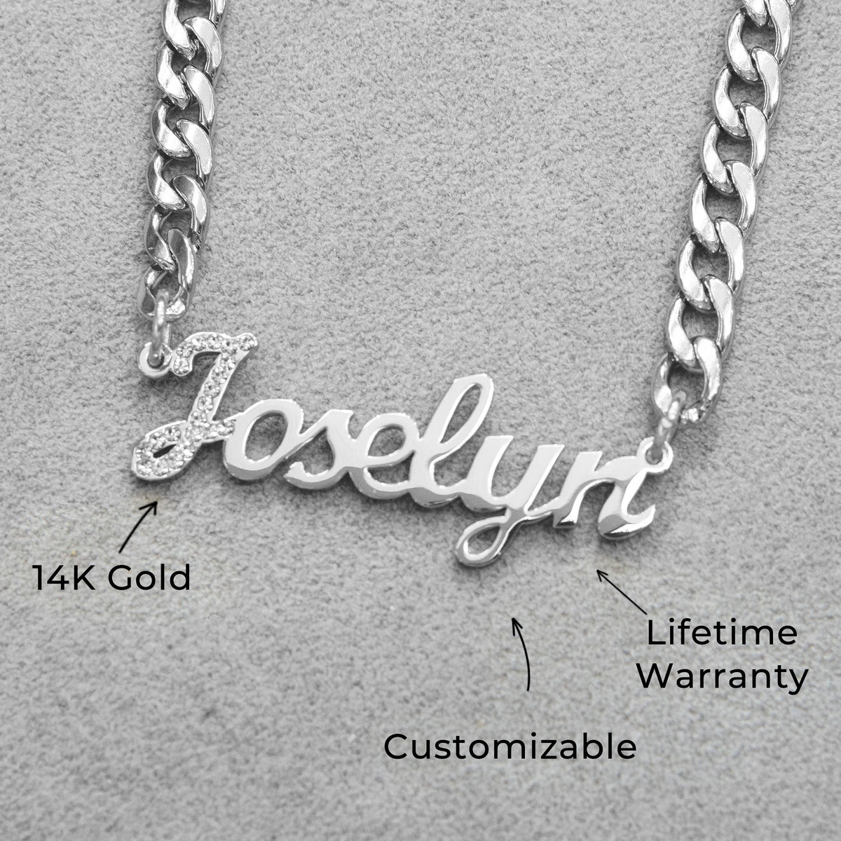Women Jewelry - White Gold Iced Out VVS Name Necklace | Style # N49