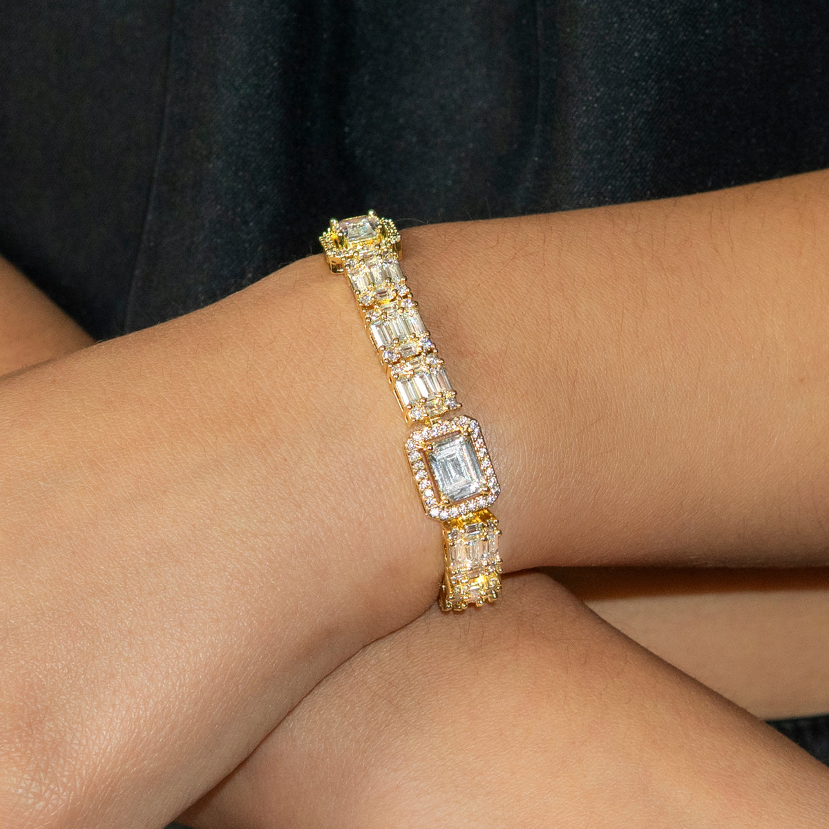 Gold Jewelry - Womens 14K Gold Baguette Cluster Iced Out VVS Tennis Bracelet