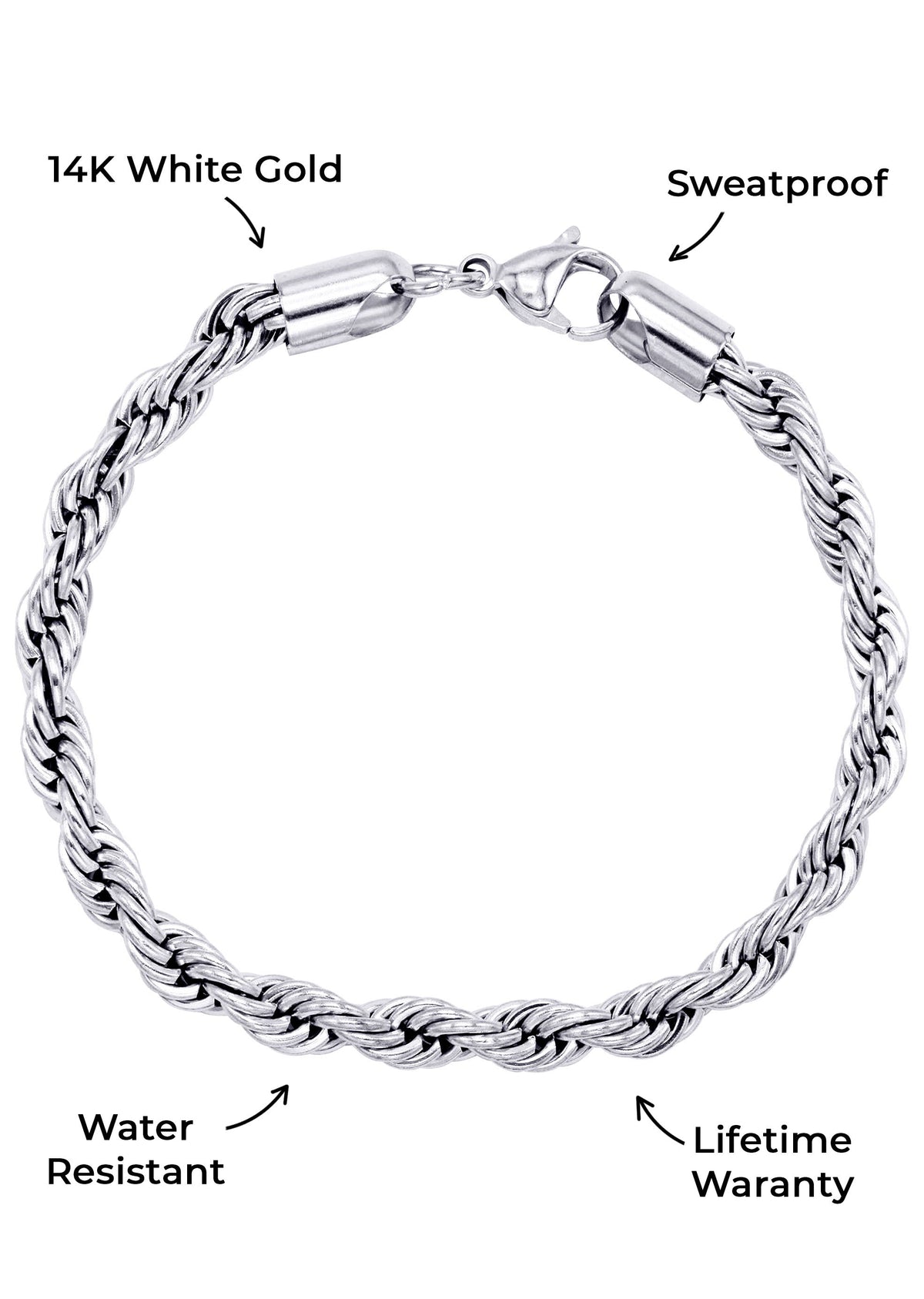 Gold Jewelry - Mens 14K White Gold Solid Rope Bracelet