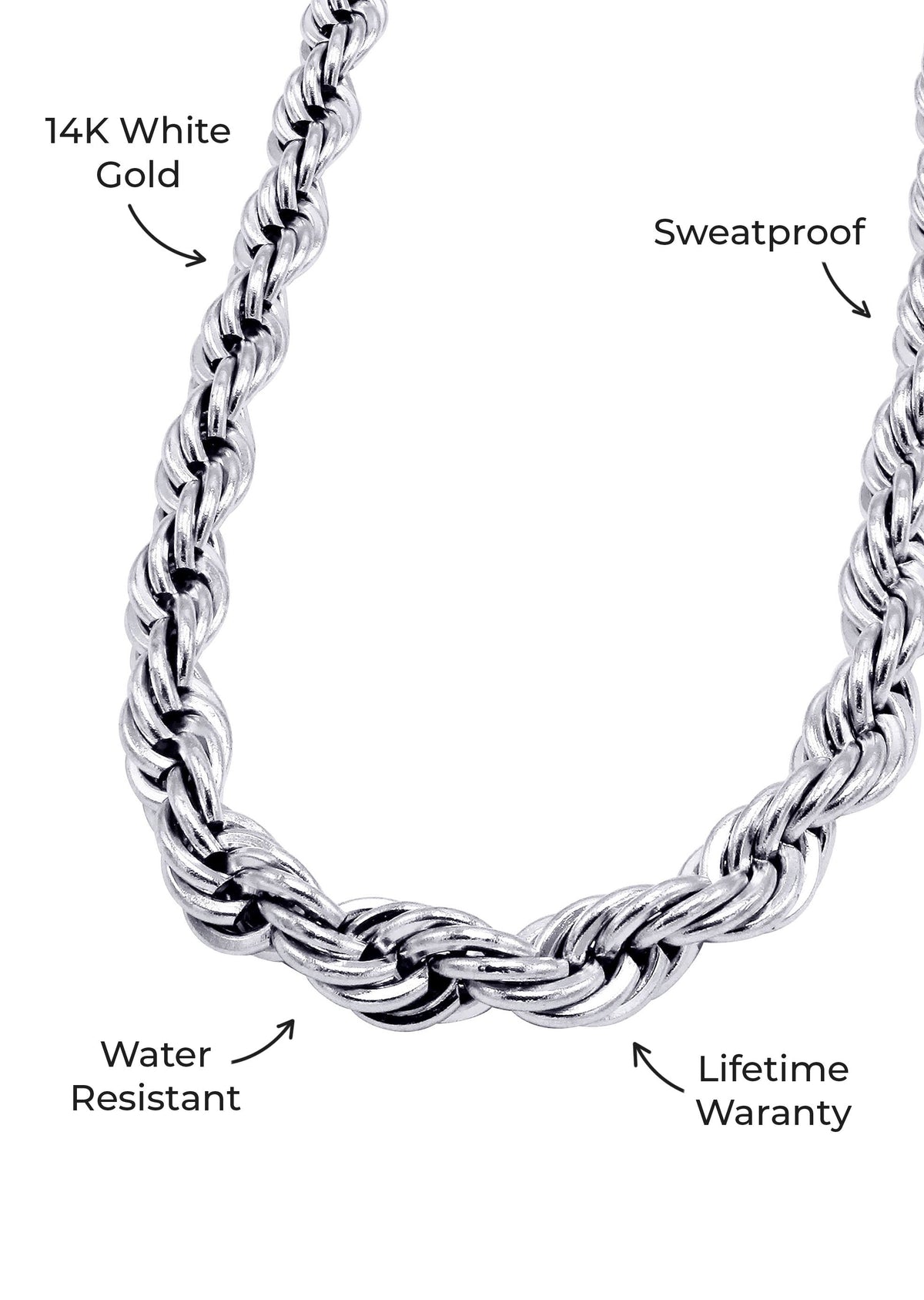 Gold Jewelry - Mens 14K White Gold Solid Rope Chain