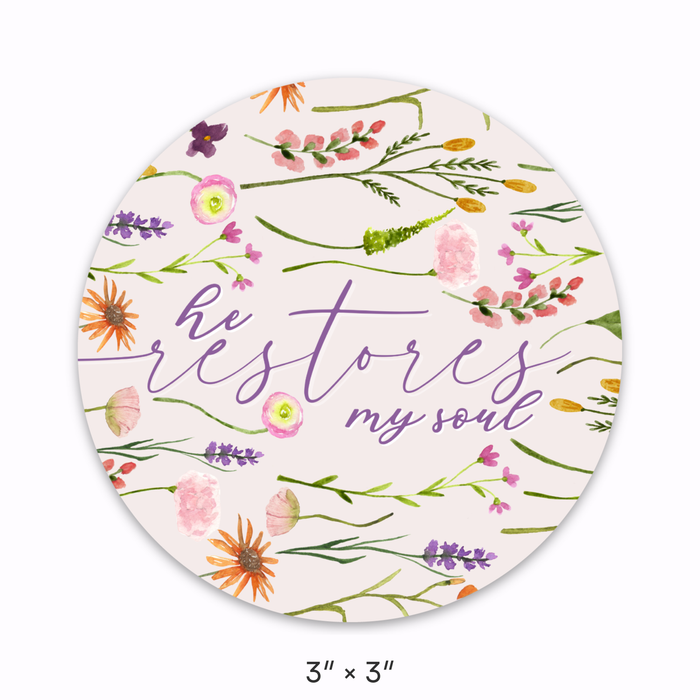He Restores My Soul Floral Waterproof Vinyl Sticker