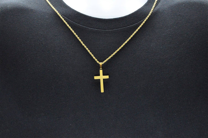 Men's Gold Stainless Steel Cross Pendant With 24" Rope Chain
