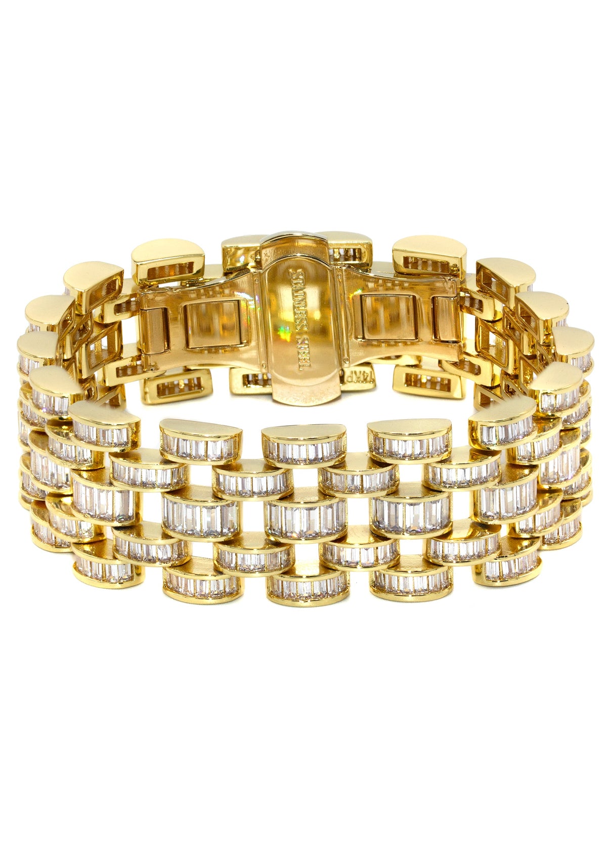 Gold Jewelry - Mens 14K Gold Iced Out VVS Baguette Presidential Band Bracelet