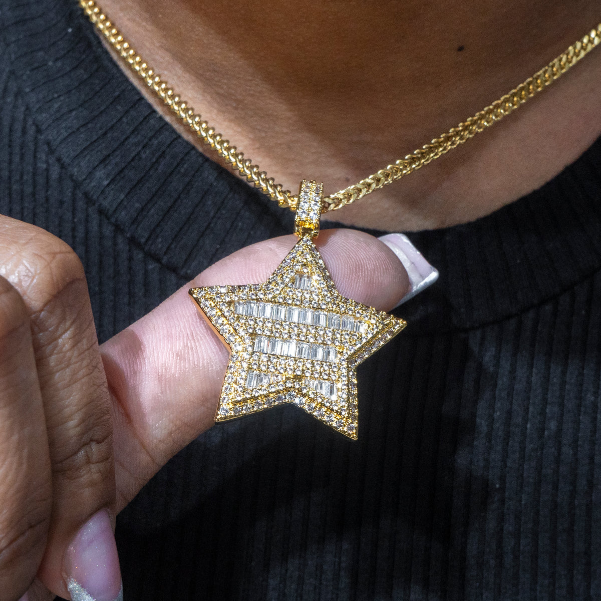 Womens Jewelry - 14K Gold Iced Out VVS Star Baguette Necklace | Appx. 18 Grams