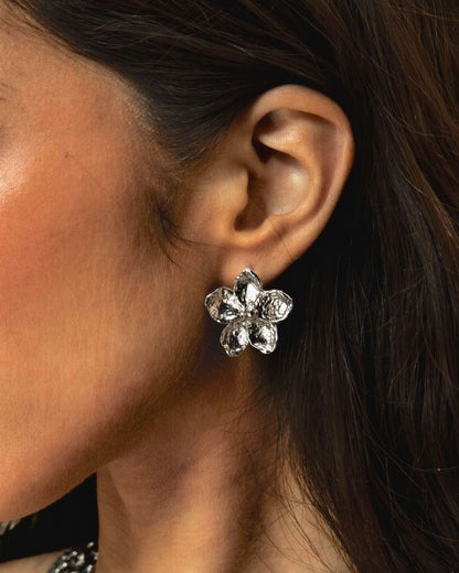 Textured Floral Earrings in Silver