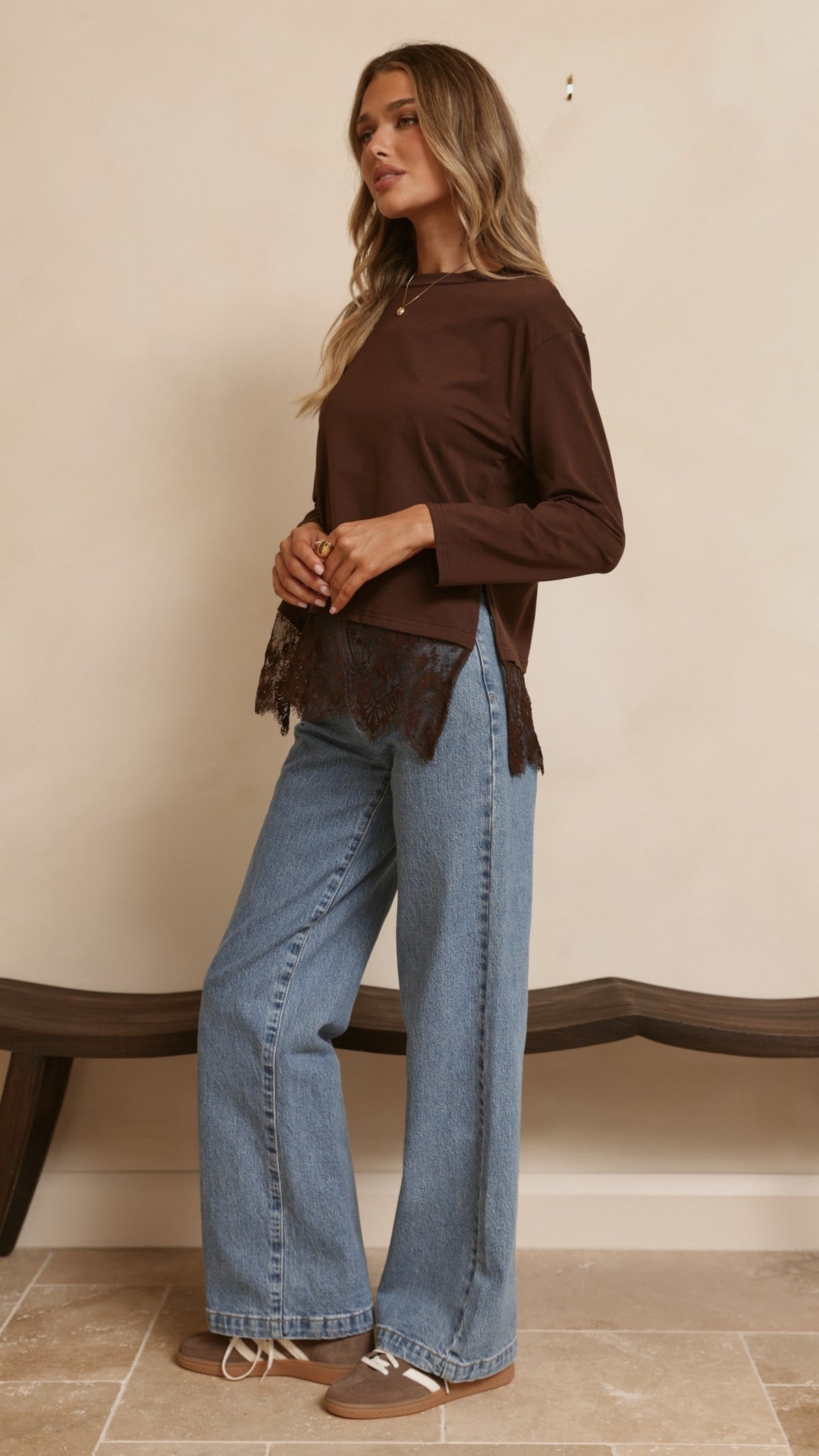 Alina Lace Trim Top - Chocolate