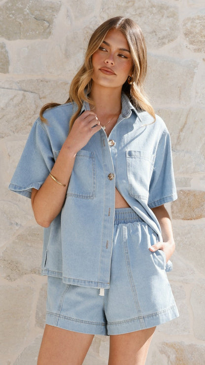 Adia Top and Shorts Set - Light Blue Denim