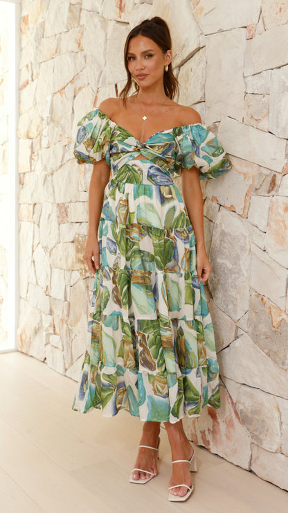 Balthazar Maxi Dress - Green / Blue Print
