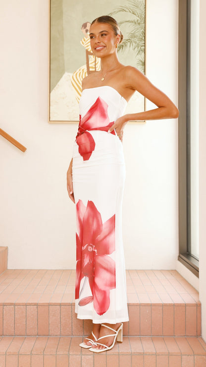 Brittani Strapless Maxi Dress - White/Red