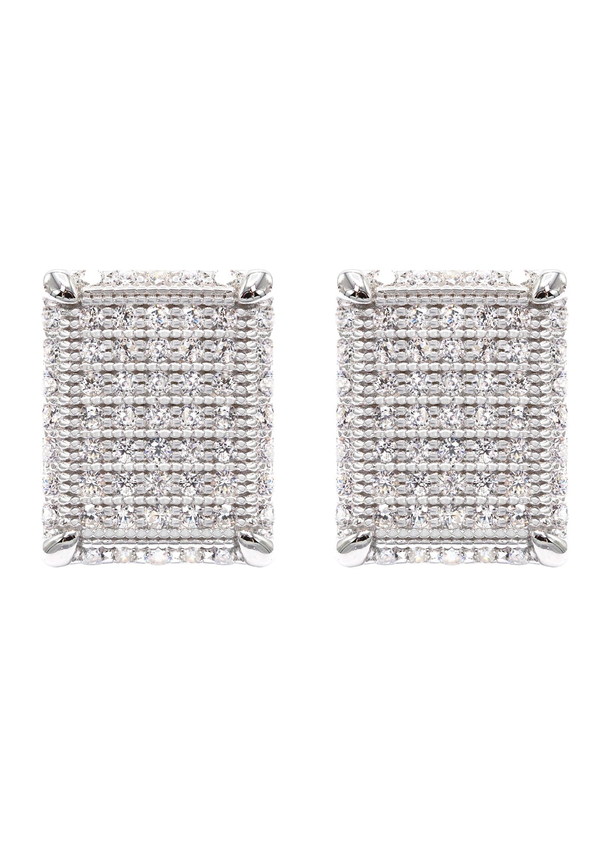 Mens Jewelry - Silver Micro Pave Rectangle Iced Out VVS Stud Earrings for Men | Appx. 3 Grams