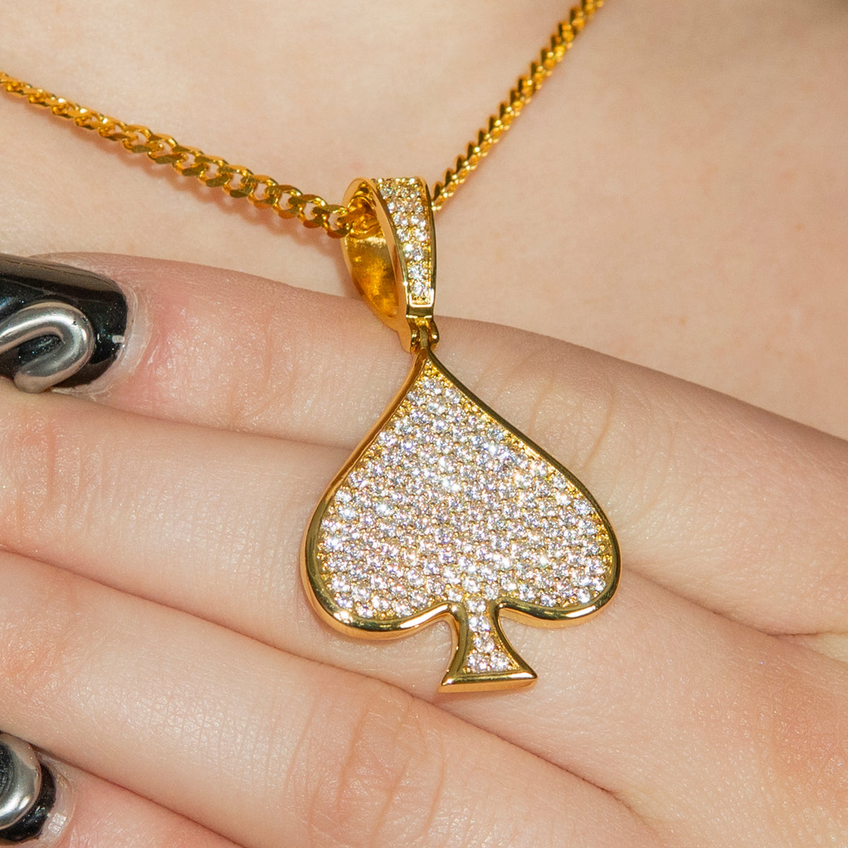 Womens Jewelry - Gold Iced Out VVS Ace of Spades Necklace | Appx. 15.9 Grams