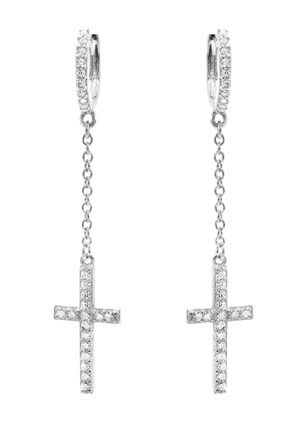 Mens Jewelry - Silver Cross Wire Dangling Iced Out VVS Hoop Earrings for Men | Appx. 2.5 Grams