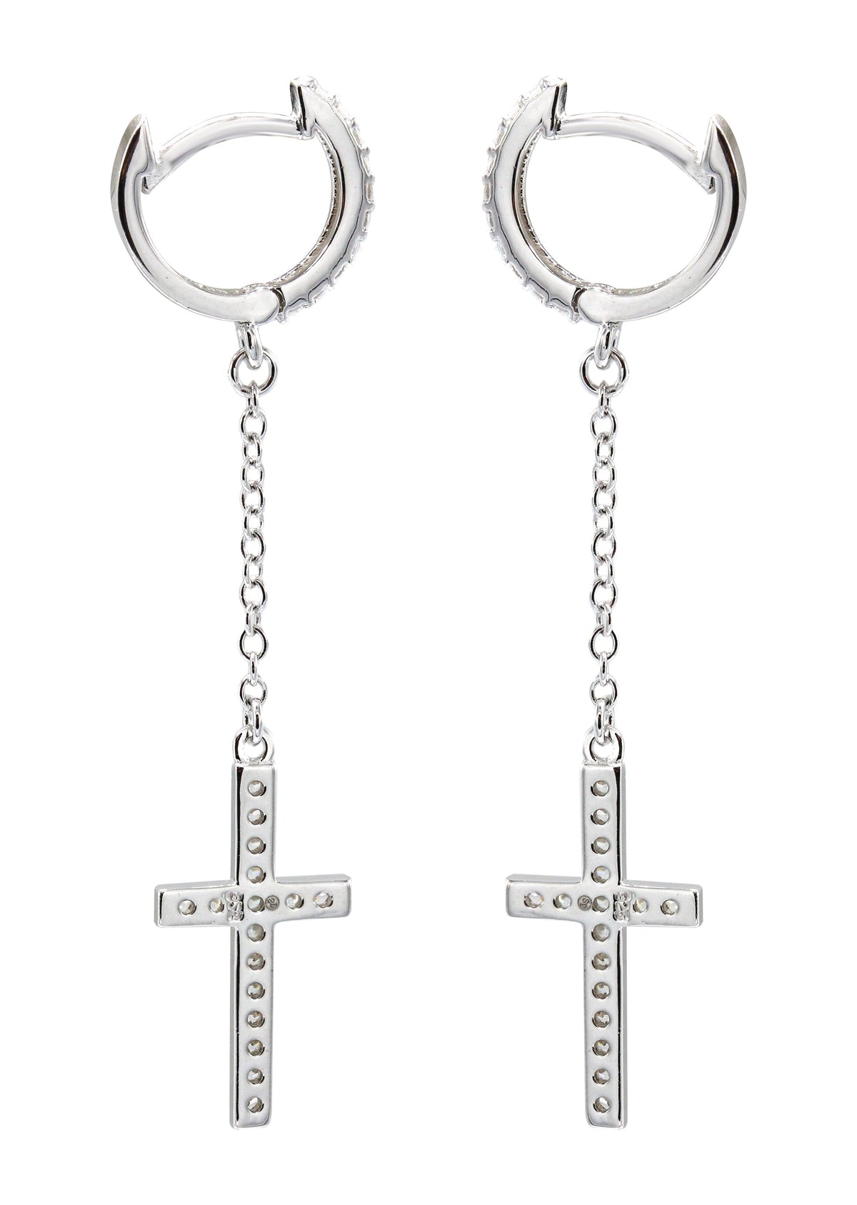 Mens Jewelry - Silver Cross Wire Dangling Iced Out VVS Hoop Earrings for Men | Appx. 2.5 Grams