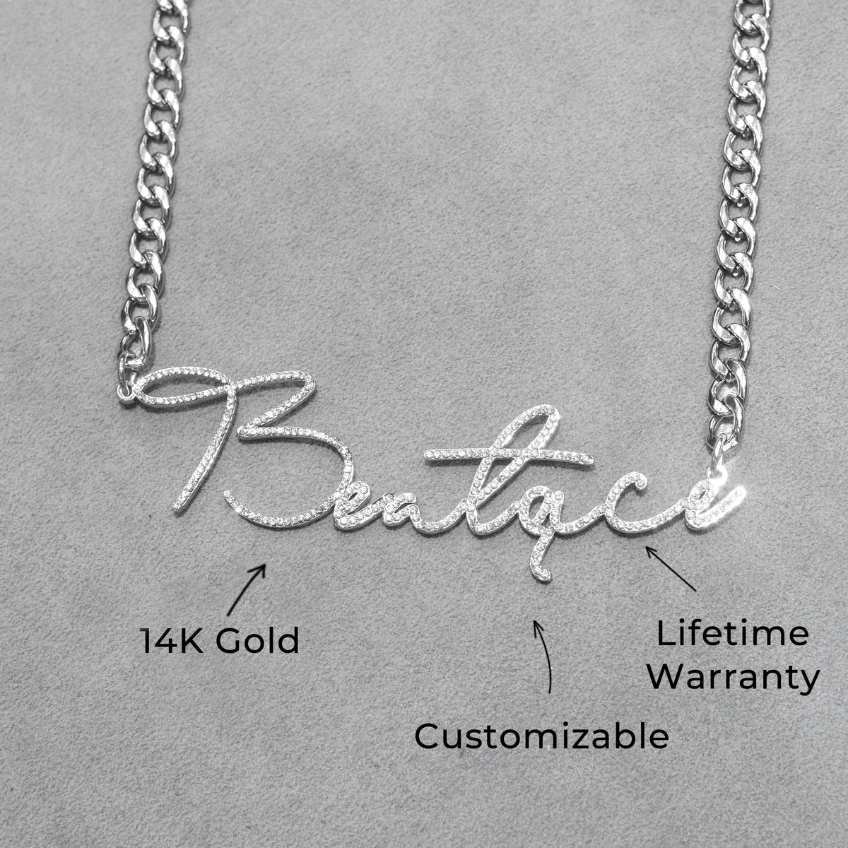 Women Jewelry - White Gold Iced Out VVS Name Necklace | Style # N39