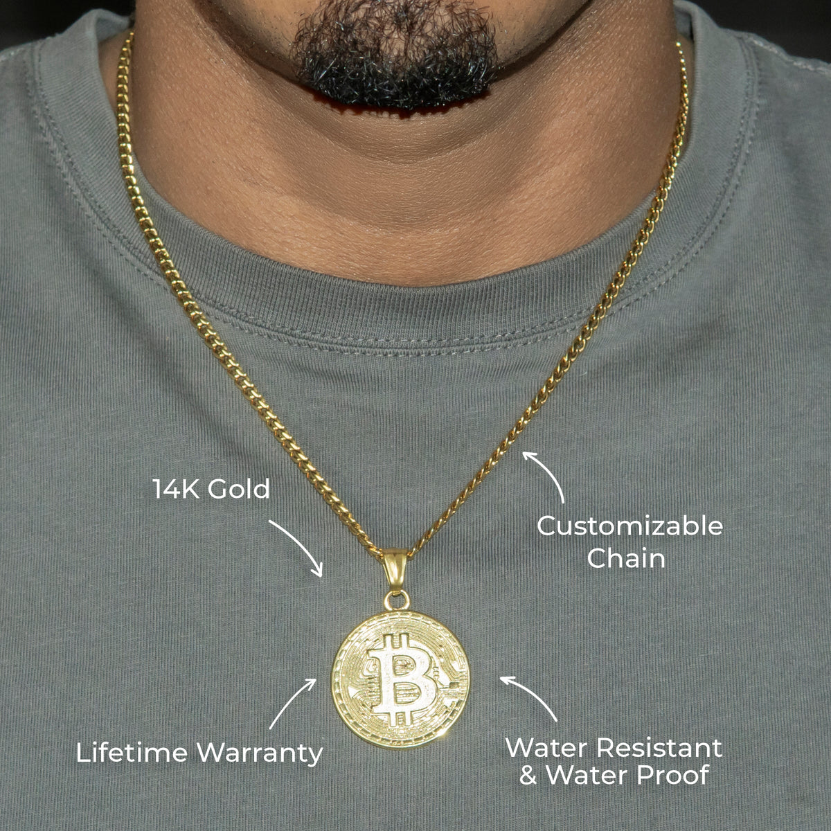 Mens Jewelry - 14K Gold Bitcoin Necklace | Appx. 17 Grams