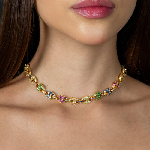Gold Jewelry - Women 14K Gold Iced Out VVS Rainbow Puff Link Chain