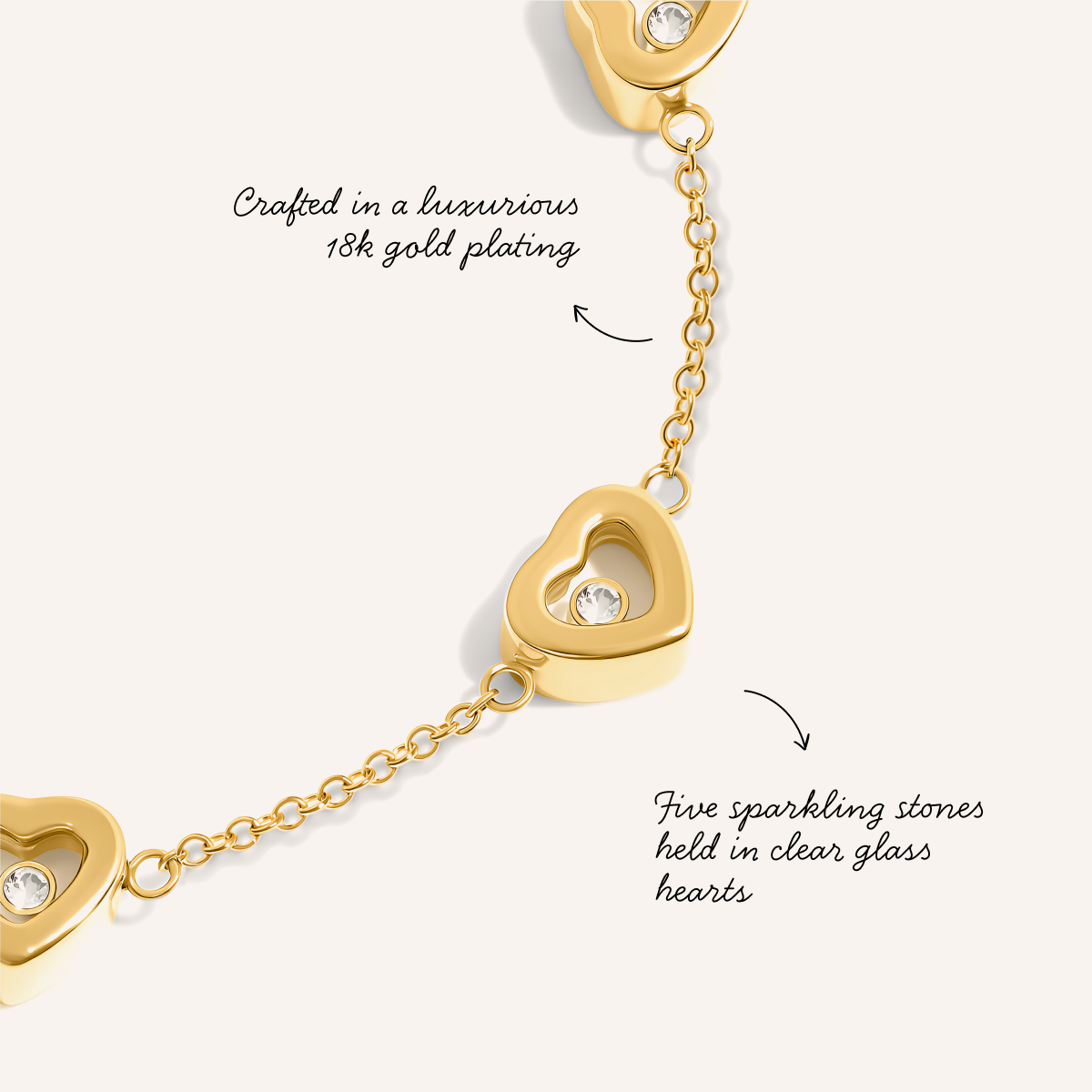 Floating Crystal Multi Heart Bracelet (Gold)