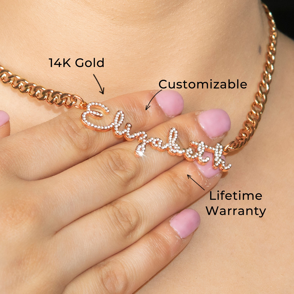 Women Jewelry - Rose Gold Iced Out VVS Name Necklace | Style # N18
