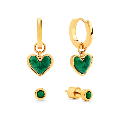 Green Quartz Huggie Earrings Set (Gold)