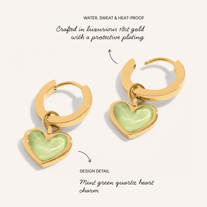 Mint Green Quartz Heart Huggie Earrings (Gold)