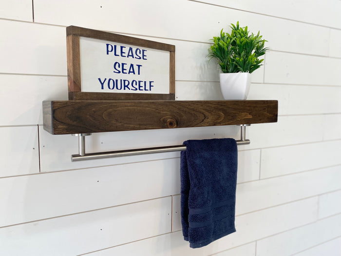 Dark Walnut Floating Shelf - Round Satin Nickel Towel Bar