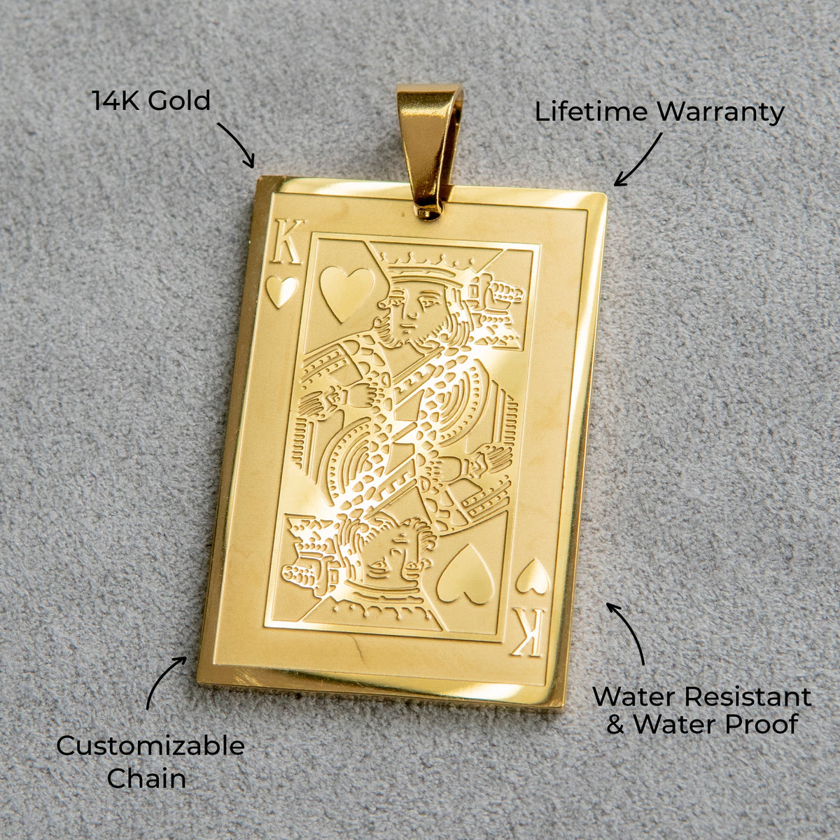 Mens Jewelry - 14K Gold King of Hearts Card Necklace | Appx. 16 Grams