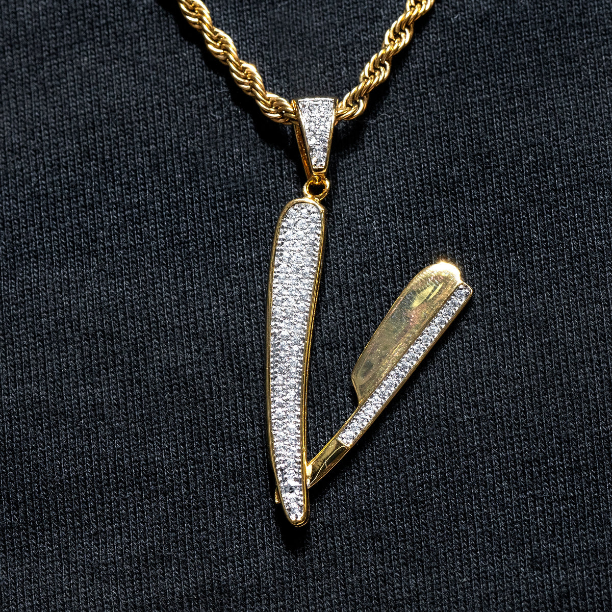 Mens Jewelry -  Gold Iced Out VVS Blade Necklace | Appx. 14 Grams