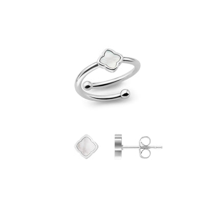 Mini Pearl Clover Ring & Earrings Set (Silver)