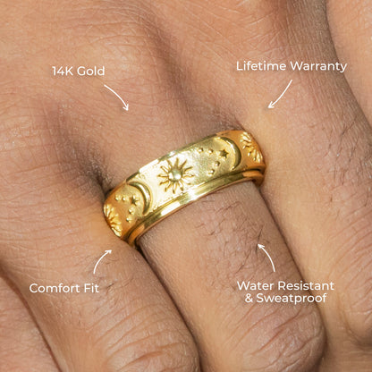 Mens Jewelry - Sun & Moon Gold Wedding Ring | 9 Grams