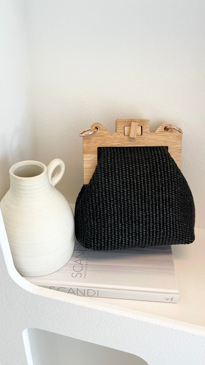 Abby Timber Frame Woven Mini Bag - Black