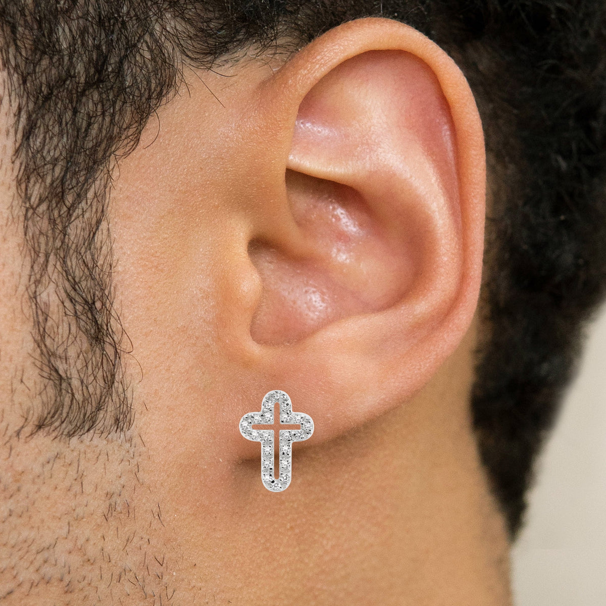 Mens Jewelry - Silver Open Cross Iced Out VVS Stud Earrings for Men | Appx. 2 Grams