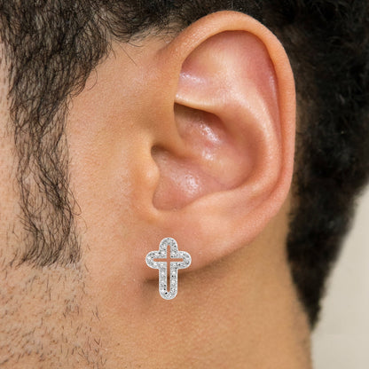 Mens Jewelry - Silver Open Cross Iced Out VVS Stud Earrings for Men | Appx. 2 Grams