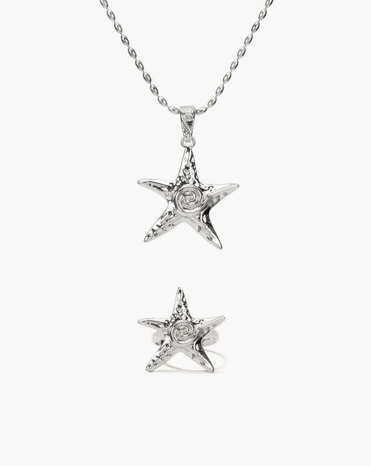 Starfish Necklace & Ring Set in Silver