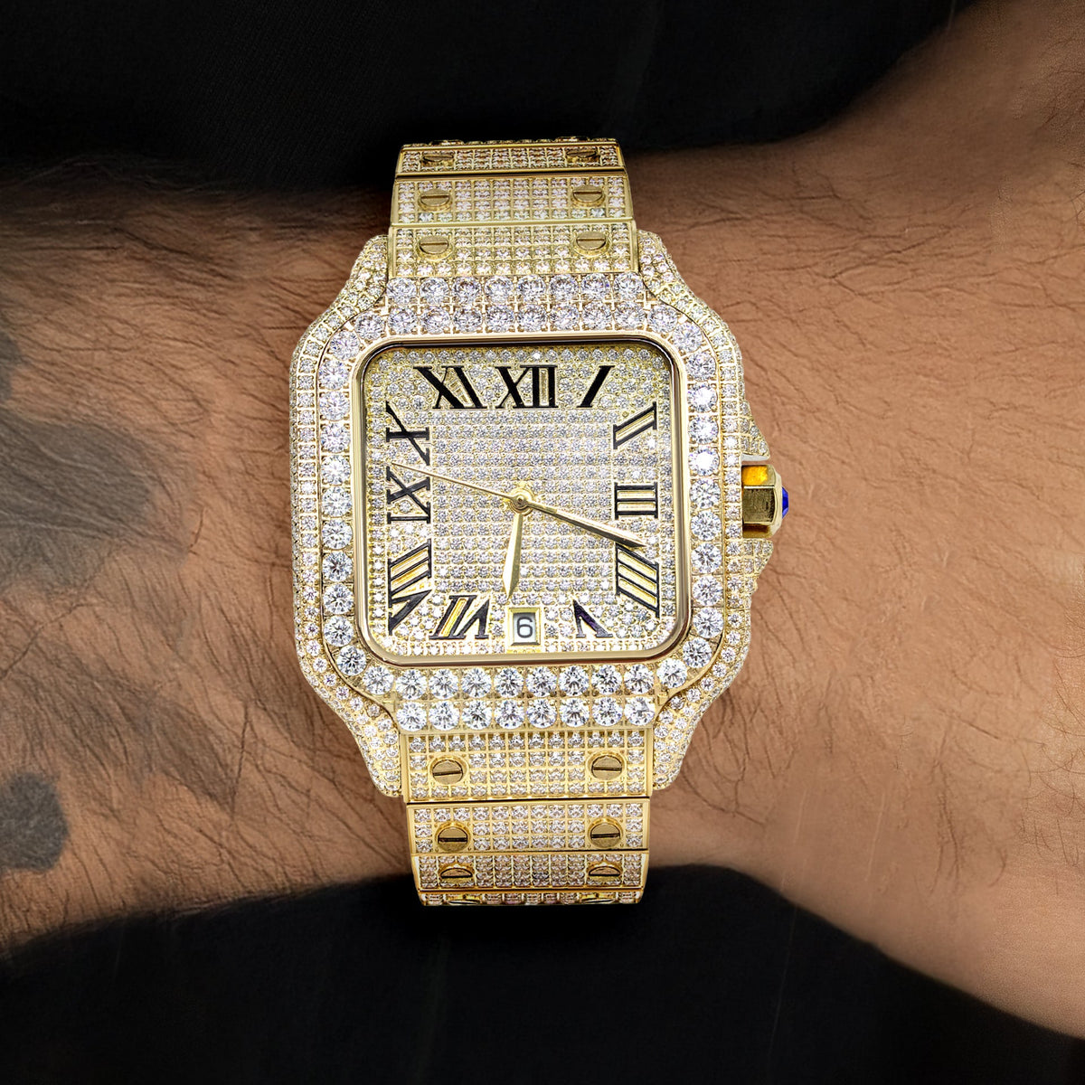 Mens Watch - Iced Out VVS Square Shape Roman Dial | Gold Stainless Steel Bust Down Watch