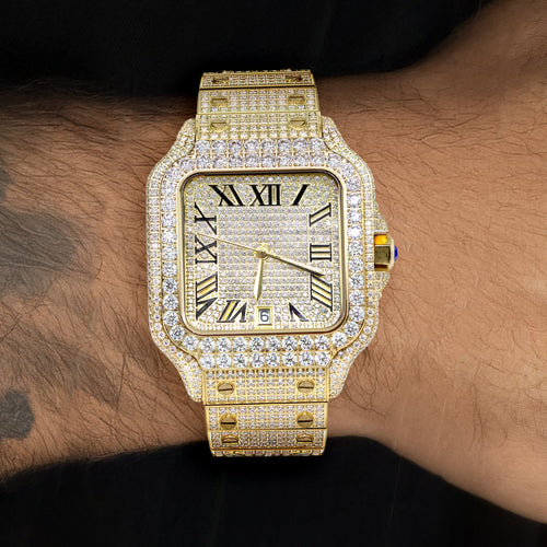 Mens Watch - Iced Out VVS Square Shape Roman Dial | Gold Stainless Steel Bust Down Watch