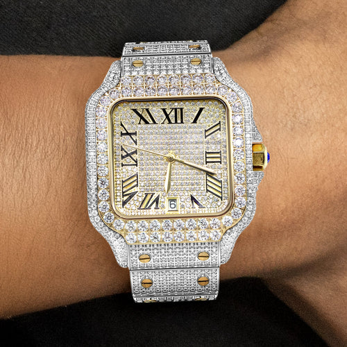 Mens Watch - Iced Out VVS Two Tone Roman Dial | Gold Stainless Steel Bust Down Watch