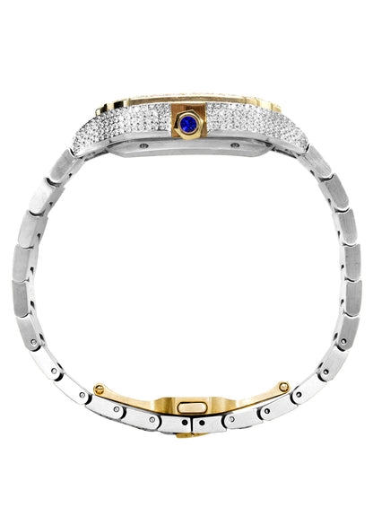 Mens Watch - Iced Out VVS Two Tone Roman Dial | Gold Stainless Steel Bust Down Watch