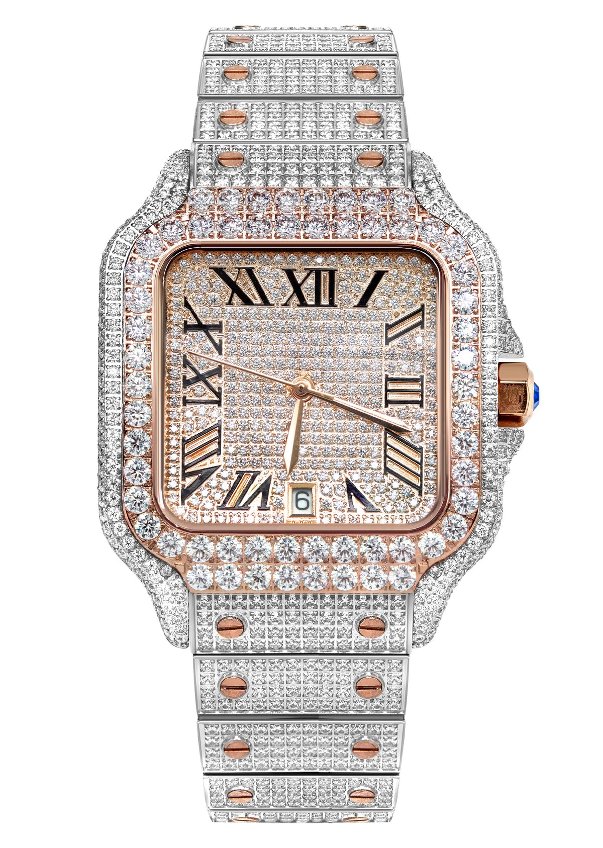 Mens Watch - Iced Out VVS Square Two Tone Roman Dial Rose Gold | Stainless Steel Bust Down Watch