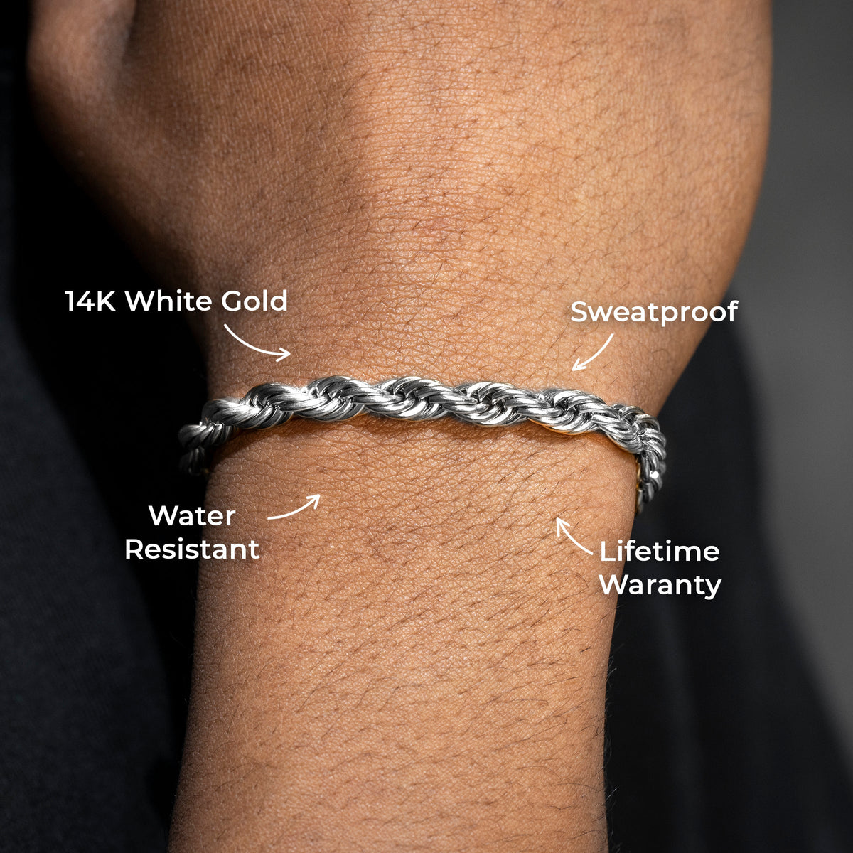 Gold Jewelry -  Mens 14K White Gold Solid Rope Bracelet