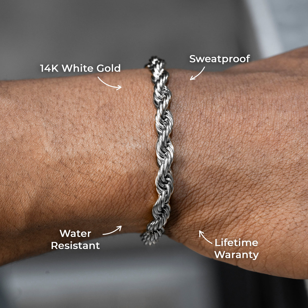 Gold Jewelry -  Mens 14K White Gold Solid Rope Bracelet