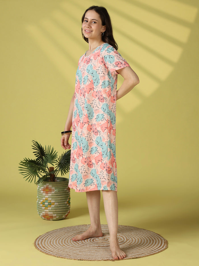 Peachy sketch botanical print short nightdress for women