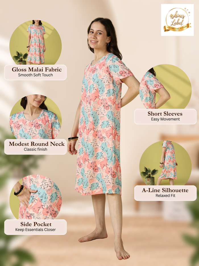 Abstract Botanical Print Gloss Malai Short Nighty with Side Pocket