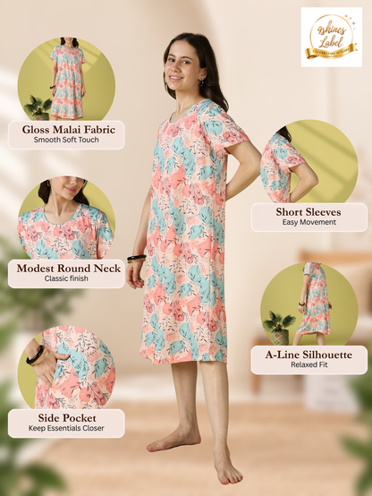 Abstract Botanical Print Gloss Malai Short Nighty with Side Pocket