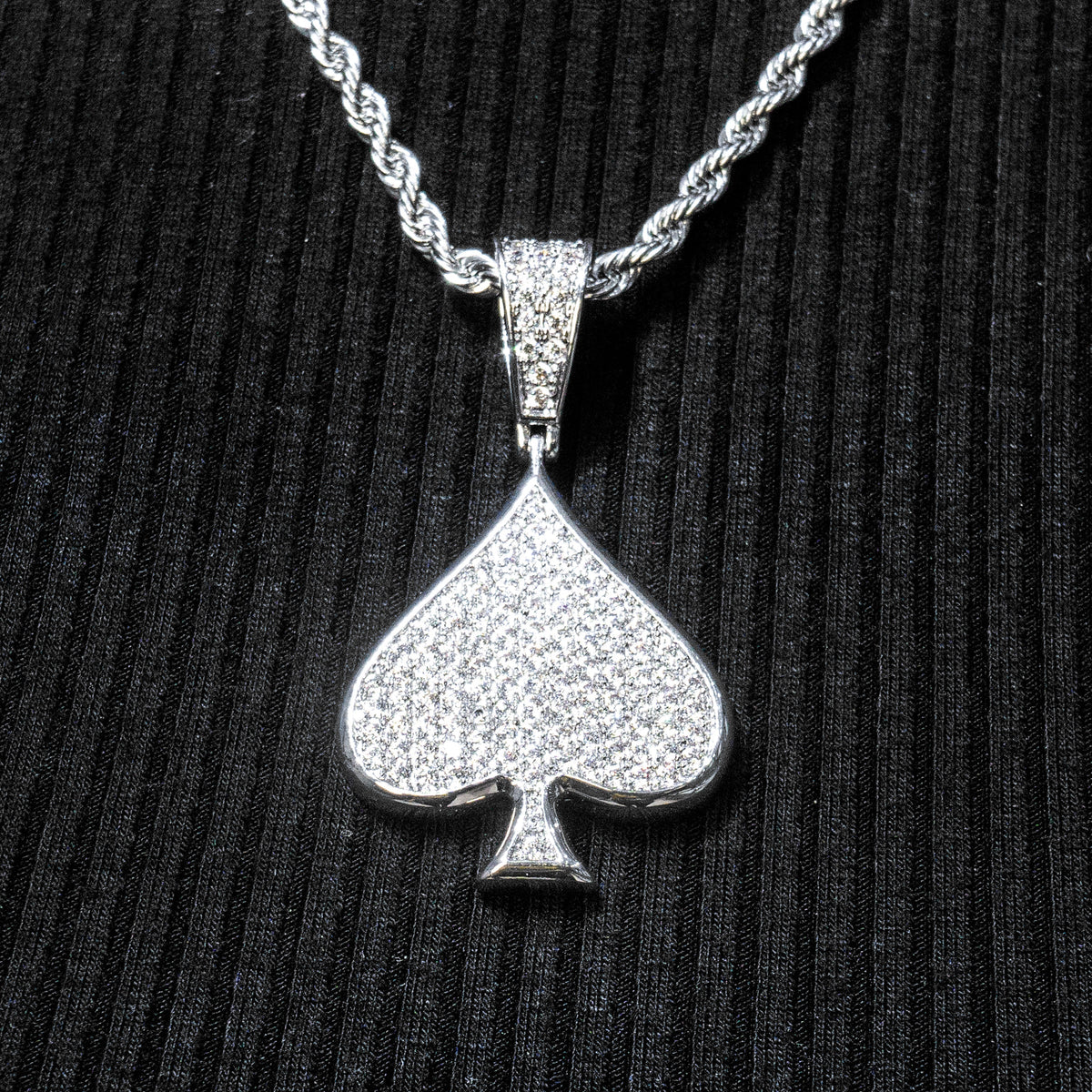 Womens Jewelry - 14K White Gold Iced Out VVS Ace of Spades Necklace | Appx. 15.9 Grams