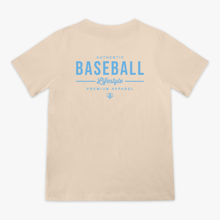 Beige t-shirt with blue text on the back on a white background
