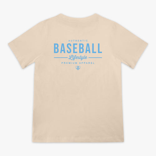 Beige t-shirt with blue text on the back on a white background