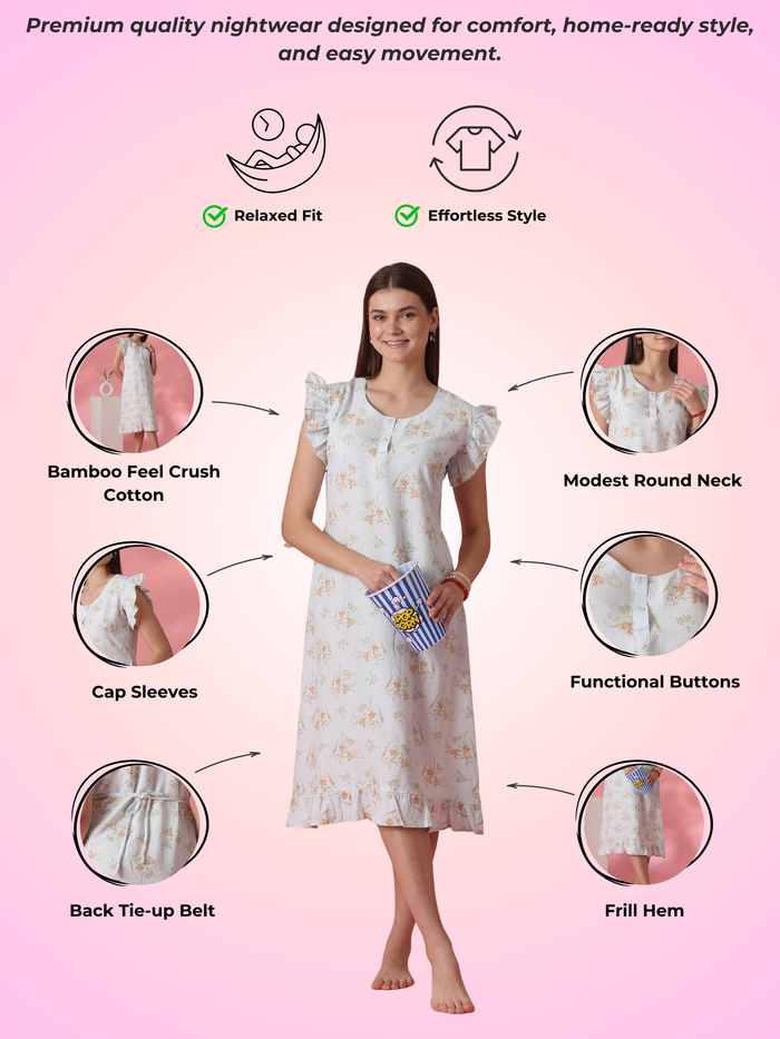 Bamboo Feel Crush Cotton Nightdress with Tie Up Waist in Dreamy Blue