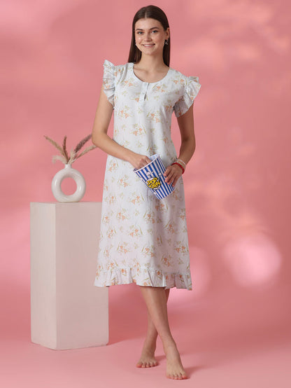 Dreamy blue floral crush cotton nighty dress for women